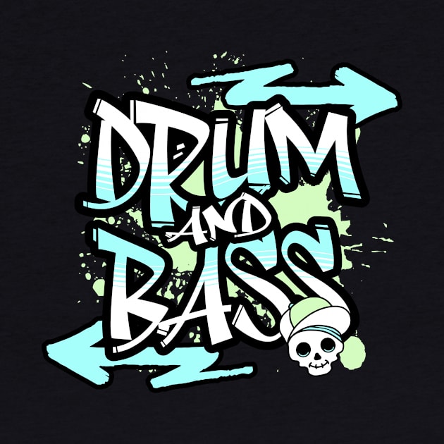 DRUM AND BASS  - Graffiti Skull (lime/teal) by DISCOTHREADZ 